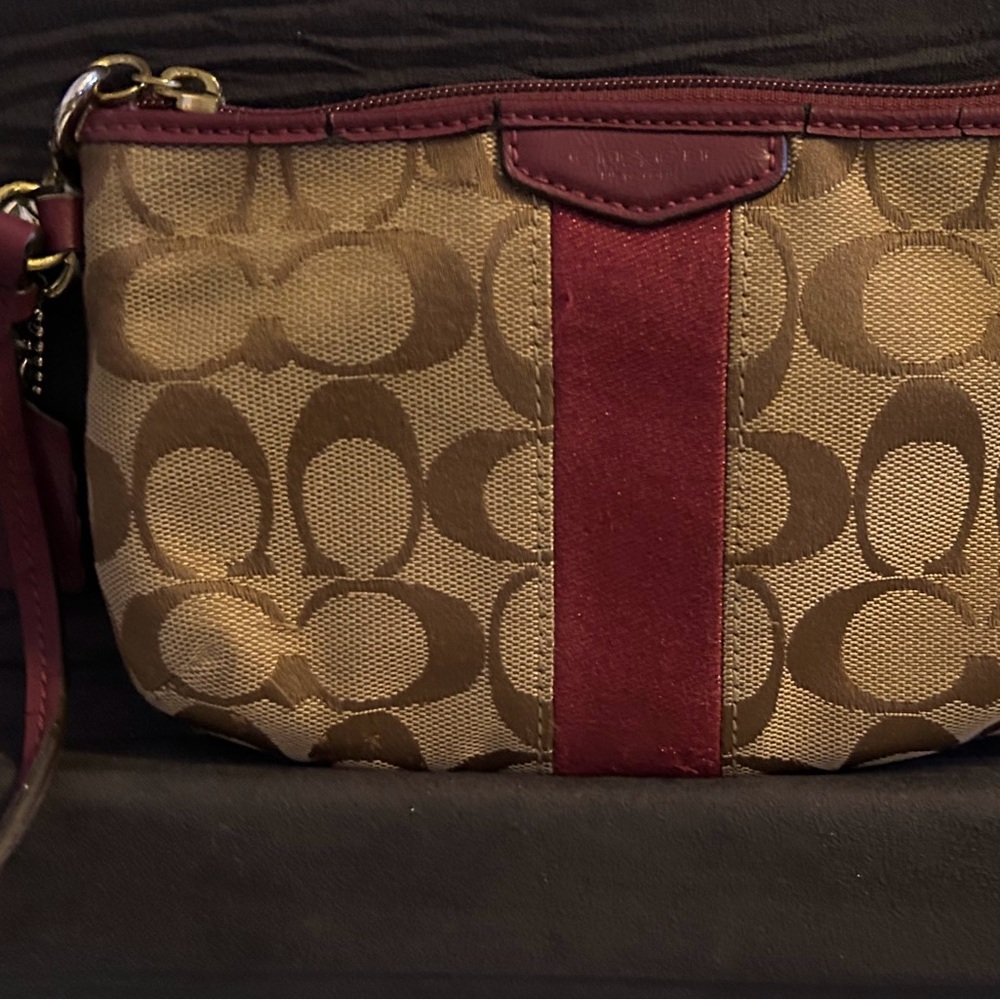 Coach Signature Wristlet in Brown and Burgundy